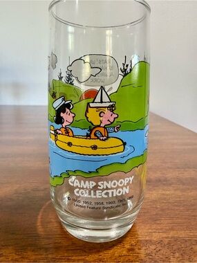Vintage 80s Camp Snoopy River Rafting Collector's Glass Peanuts Charlie Brown